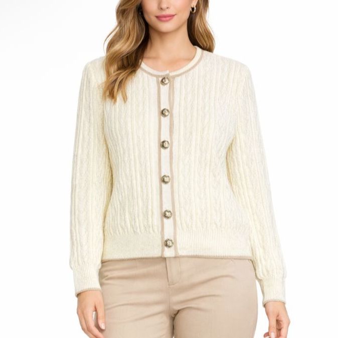 Vintage Mita Women's Ivory Beige Cable Knit Ls Cardigan Lady Sweater Size 8p